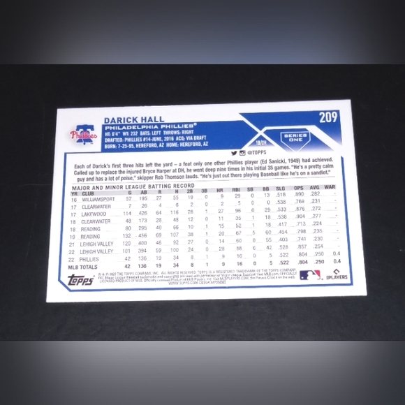 Darick Hall Rookie Card Topps Series One 2023 #209 - Picture 2 of 2